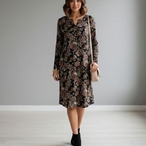 Versona Black and Brown Paisley Long Sleeve Dress Women's Medium Western Boho